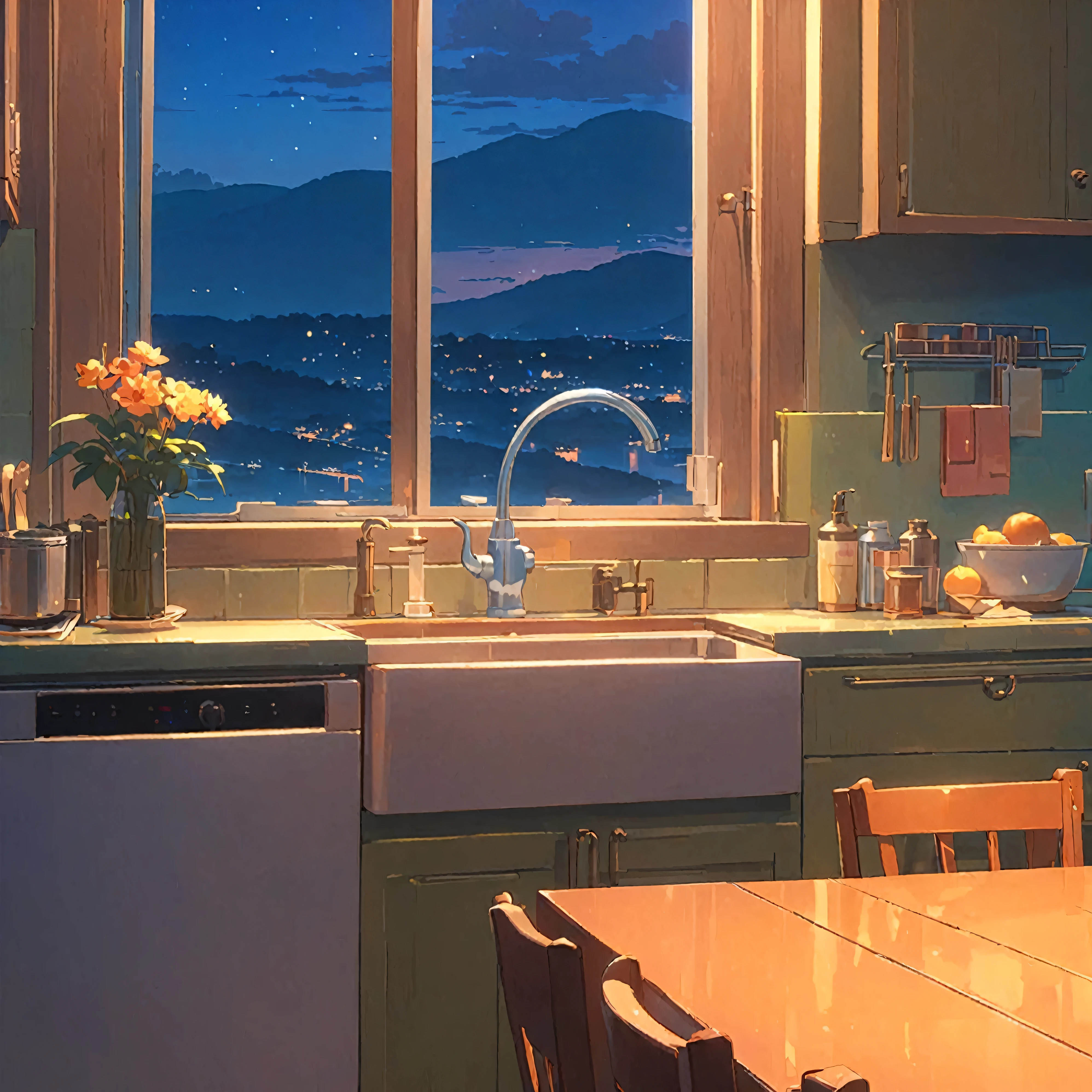 Es gibt eine Küche，Es gibt einen Tisch und ein Waschbecken drinnen., Anime-Hintergrundkunst, schöne Anime-Szene, Mit Artest Guerin (atey ghailan) Stil, Detaillierte Landschaft 2, tolle Tapeten, Inspiriert von Artie Guerin, lofi artStil, Artie Guerin 8K, Xin Haicheng Stil, schöne ästhetische Kunst, Detailliertes 4K