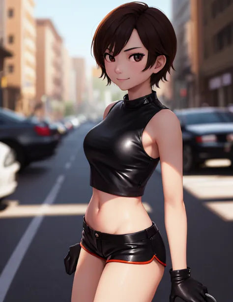 1girl, solo, masterpiece, very detailed, reiko nagase, black leather jacket, orange tank-top, midriff, gloves, black short-short...