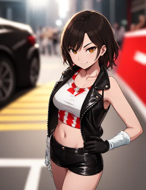 1girl, solo, masterpiece, very detailed, Reiko Nagase, black leather jacket, orange tank-top, midriff, gloves, black short-short...