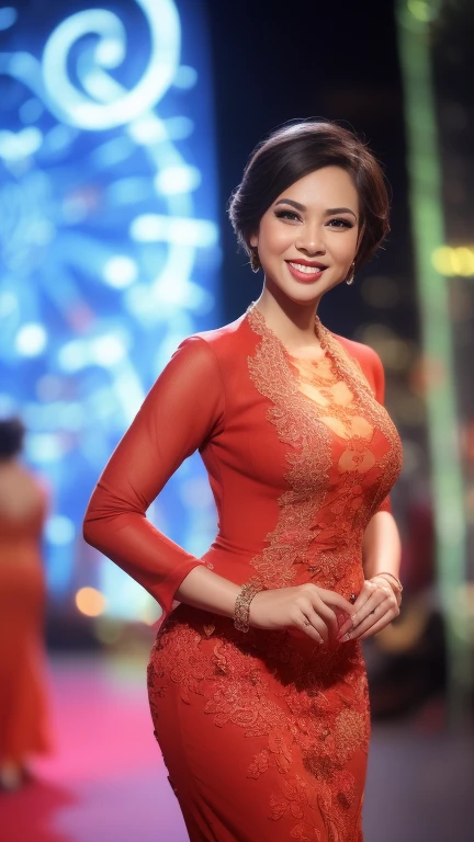 fille malaisienne, cheveux roux moyen, coupe de cheveux boucles rebondissantes, (portant SEXY KEBAYA NYONYA, plus de matière en dentelle), ( en riant and posing with hand on hip, porter un sac à main, vue de dos, venteux, détail de la peau, tache de vieillesse, détail de la peau texture, grain de beauté sous les yeux, énorme poitrine, Hanches larges, petites tailles, cuisses épaisses, Abdos minces, beau corps, la nuit, en riant, heureux, éclairage lumineux, rue bondée de la ville la nuit, arrière-plan flou, bokeh,Objectif Super 8 mm, Super gros-plan, Effet cinématographique à contraste élevé, Éclairage naturel, Désaturer l&#39;étalonnage des couleurs, haute qualité, Ultra détaillé, Résolution 8k,