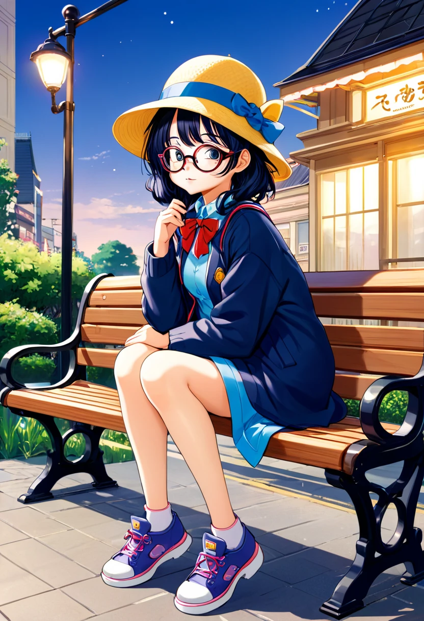 Chica anime con gafas y sombrero sentada en un banco., Yo también haré fanart., Imágenes de anime de linda chica,Arale-chan， como personaje de anime, Estilo de arte anime Moe, magia , Imágenes de anime safebooru, y 2 k lindocore coronacore, retrato corto de cuerpo entero!, megumu okada