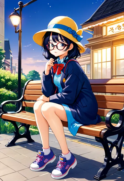 Anime girl with glasses and a hat sitting on a bench, Marin Kitagawa Fanart, Cute girl anime visuals,Arale-chan， As an anime cha...