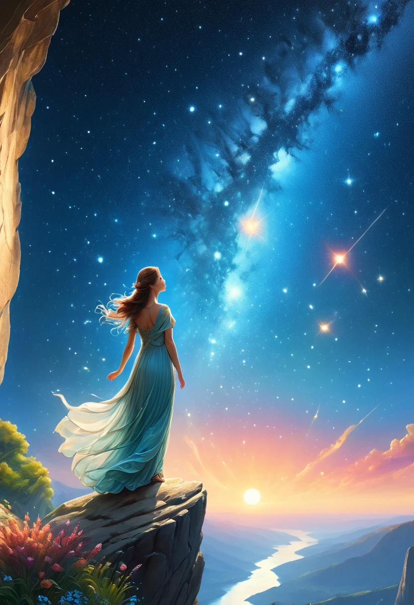 1 Mädchen,  (3D-Skulptur，Eine Frau in einem langen Kleid steht auf einer Klippe und blickt in den Sternenhimmel, Göttin des Weltraums, Göttin der Milchstraße, Göttin des Himmels, Astral ätherisch, Traum, wunderschöner himmlischer Magier, wunderschönes Fantasygemälde, wunderschöne Fantasy-Kunst, Ätherische Fantasie, very wunderschöne Fantasy-Kunst, digitale Kunst Fantasie, Charmant und außerweltlich, Fantasie Schönheit, Wunderschöne Kunst in Ultra HD 4K von Octane，volumetrisches Licht，natürliches, sanftes Licht), (Ultra-empfindlich:1.2, den Fokus verlieren:1.2, Bunt, Kinobeleuchtung, Chiaroscuro,Raytracing), Meisterwerk, Super rich,Extrem detailliert,8k