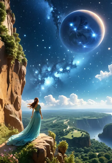 1 girl,  (3D Sculpture，A woman in a long dress stands on a cliff and looks up at the starry sky, Goddess of space, Milky Way God...