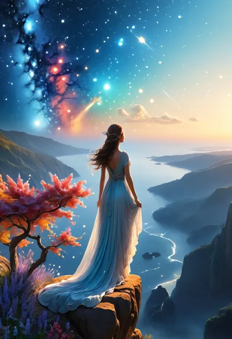 1 girl,  (3D Sculpture，A woman in a long dress stands on a cliff and looks up at the starry sky, Goddess of space, Milky Way God...