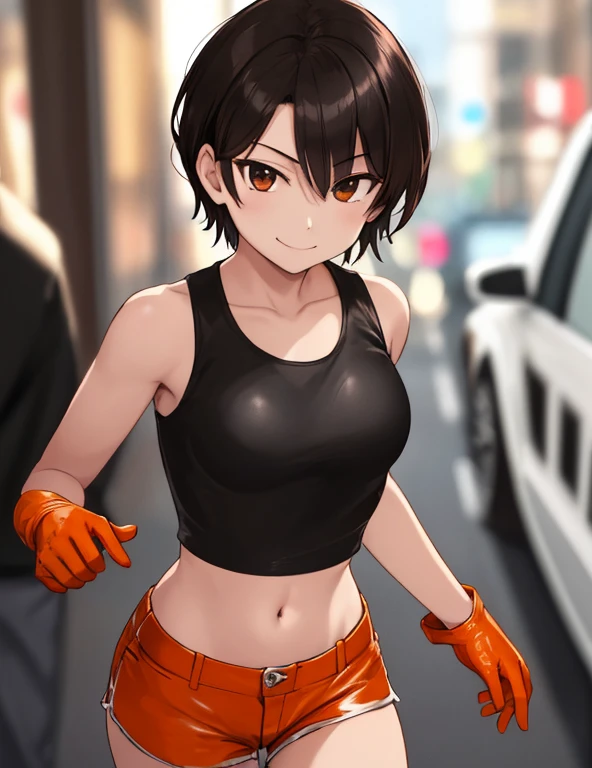 1girl, solo, masterpiece, very detailed, Reiko Nagase, black leather jacket, orange tank-top, midriff, gloves, black short-shorts, street race, bokeh effect, rich color saturation, looking at viewer, eye contact, arrogant smile, dynamic pose