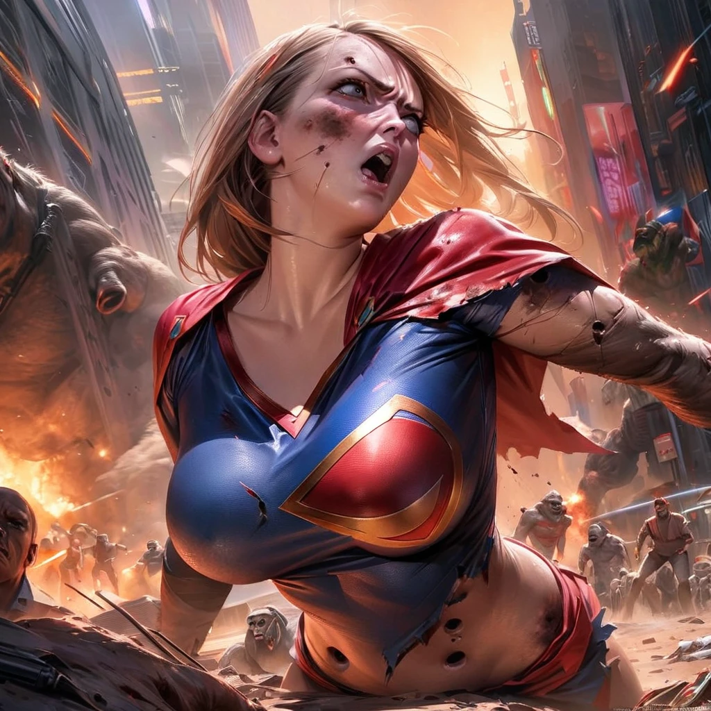 (Show all of Super Girl, head to toe, full body portrait) (best quality,4k,highres,masterpiece:1.2),ultra-detailed,realistic,portraits,vivid colors,dramatic lighting,Supergirl,annoyed,tattered uniform (scorched, many holes) ,ragged uniform,smoking crater,offended,shocked, (Subject 2: attacking alien robot gorilla, rocket launcher) Please make sure your output is separated by commas.","Separated。The following is an example for reference： ``` (best quality,4k,highres,masterpiece:1.2),ultra-detailed,realistic,portraits,vivid colors,dramatic lighting,Supergirl,annoyed,tattered uniform,ragged uniform,smoking crater,offended,shocked, (subject 2: attacking alien robot gorilla, rocket launcher) (scene takes place in Tokyo, many wounded and dead civilians)