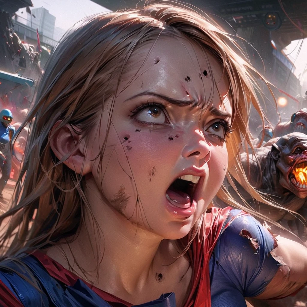 (Show all of Super Girl, head to toe, full body portrait) (best quality,4k,highres,masterpiece:1.2),ultra-detailed,realistic,portraits,vivid colors,dramatic lighting,Supergirl,annoyed,tattered uniform (scorched, many holes) ,ragged uniform,smoking crater,offended,shocked, (Subject 2: attacking alien robot gorilla, rocket launcher) Please make sure your output is separated by commas.","Separated。The following is an example for reference： ``` (best quality,4k,highres,masterpiece:1.2),ultra-detailed,realistic,portraits,vivid colors,dramatic lighting,Supergirl,annoyed,tattered uniform,ragged uniform,smoking crater,offended,shocked, (subject 2: attacking alien robot gorilla, rocket launcher) (scene takes place in Tokyo, many wounded and dead civilians)