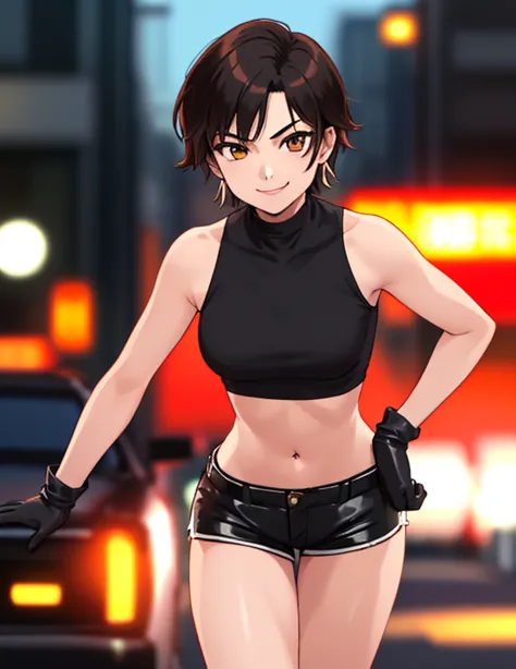 1girl, solo, masterpiece, very detailed, Reiko Nagase, black leather jacket, orange tank-top, midriff, gloves, black short-short...