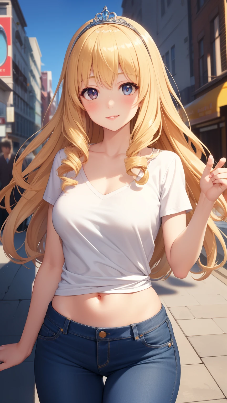 masterpiece, best quality, 1girl, very curly hair, blonde hair, shiny hair, medium breasts, narrow waist, looking at viewer, glossy lips, good lighting, latifa fleuranza, light smile, city street, jeans, v-neck t-shirt, tiara, diadem