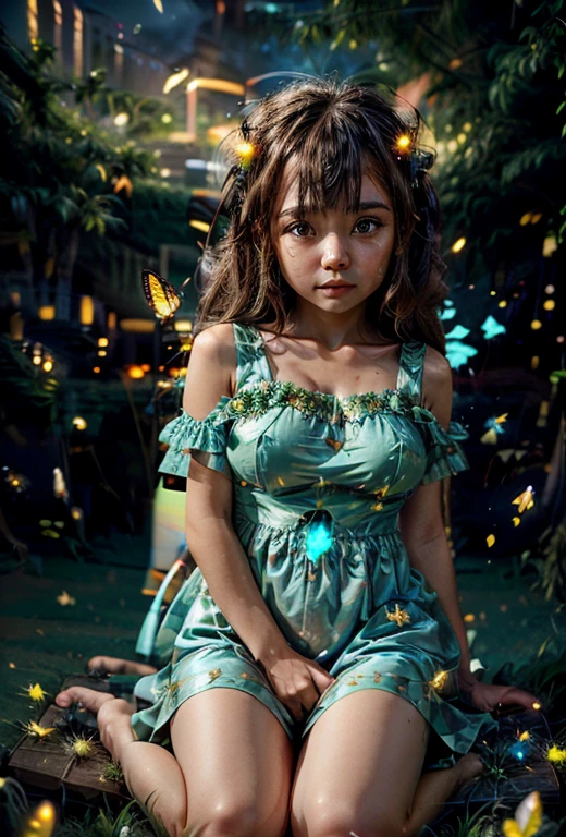 a goddess in a magical fantasy dress and captivating pose, sit on a grass under a magical night sky, surrounded by glowing butterflies and fireflies, depth of field, real skin texture, best picture, 