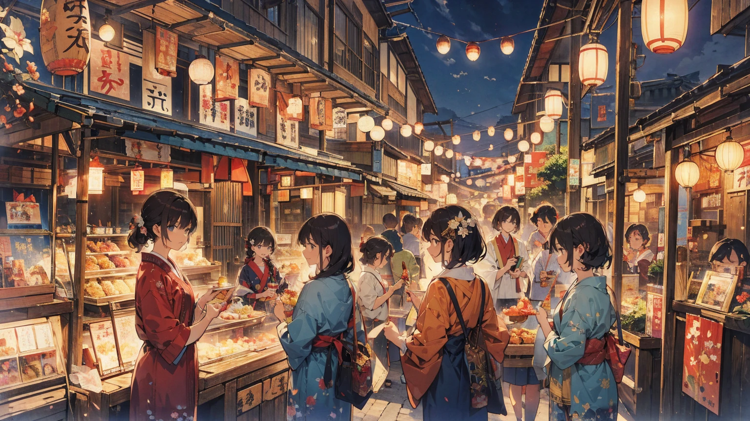 Verano en Japón, Festival de verano, manzanas de caramelo, yukata, admirador, Recogiendo peces de colores, noche, (atmósfera nostálgica, nostalgia, (Retro), Meiji period), Mirando los puestos de comida, aventura, luz cinemática
