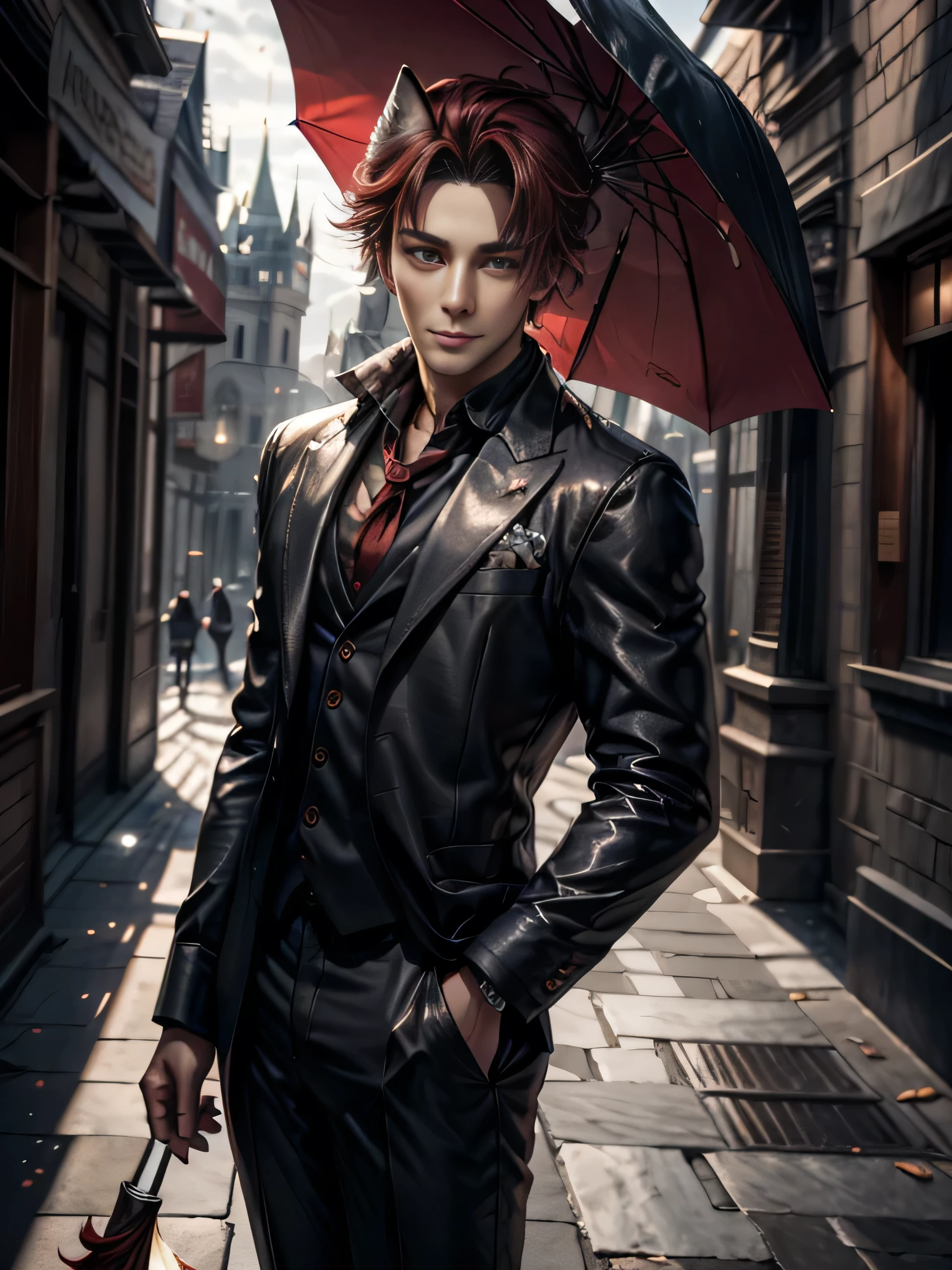 (Best Quality, 8K, Masterpiece, HDR, Soft Lighting, Picture Perfect, Realistic, Vivid), 1 Boy, 1 Red [Little Fox]), (Photo by Lee Dong Wook), Perfect Male Body, Eyes Looking into the Camera, (with short red hair, long bangs, Forehead, Black shirt, Black three-piece suit, Smile, seductive, rich, holding a closed red umbrella in her hands, antique castle in the background), color difference, Depth of field, dramatic shadow, Ray tracing, Best quality, Extremely detailed CG, 8K wallpaper, male model, [Meticulously rendered hair [More about beautiful and shiny hair]],(Perfect hand detail [Beautiful fingers without breakage [Beautiful nails]]),(Perfect anatomy (Perfect proportions )) [[Resembles the whole body]],[Perfect color coordination (Accurate simulation of the interaction of light and material)],[Visual art that conveys a sense of storytelling].