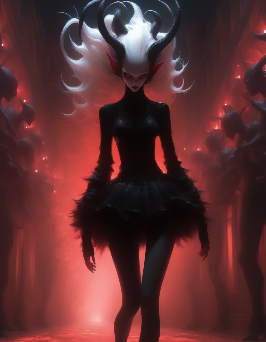walking through  a decadent mansion , a  very pale white  skin beautiful hell lady with red horns, (red black eyes:1),( wearing black tank sweater and red tutu:1.2) , ( black gradient arms and legs:1.2) , black hair , well lit  , very skinny,     