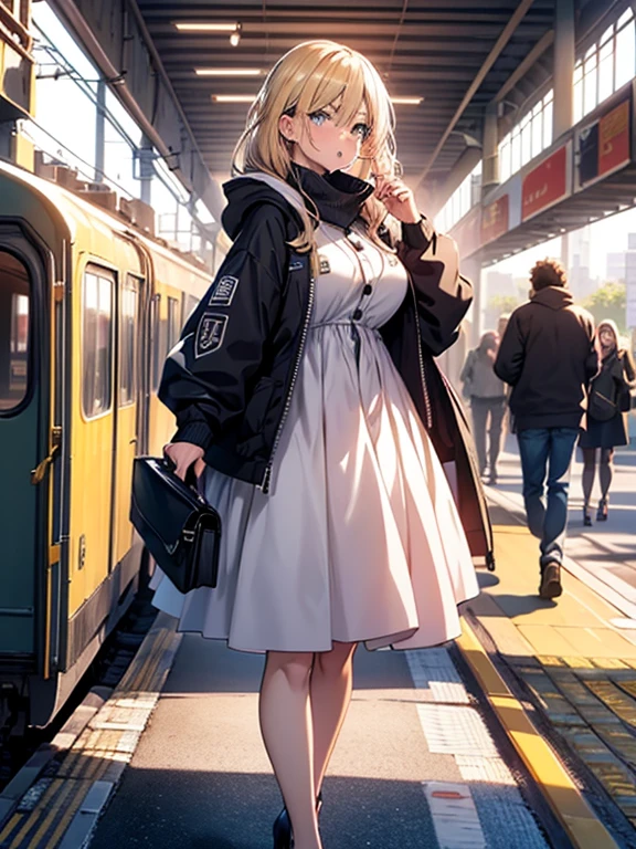 "Créer un très détaillé, Image de style anime 8K d'une femme mûre se tenant seule dans une gare. La femme doit être représentée en pied, les jambes écartées, affichant une expression de colère très exagérée. Ses traits comprennent des cheveux blonds moyens, Des yeux bleus vifs, et de longs cils. Ses lèvres sont fines et roses, et son expression doit afficher de manière proéminente un (((une moue très exagérée et les joues gonflées pour accentuer sa colère))).

Elle devrait avoir des seins moyens avec un affaissement naturel, aspect lourd, des hanches moyennes et des cuisses épaisses. Sa tenue se compose d'une robe blanche et jaune complétée par des talons noirs. Sur sa robe, elle porte un sweat-shirt bleu; Le sweat-shirt doit être ouvert, exposant la robe en dessous et conçue avec une capuche, manches longues et larges.

Le décor est une gare animée, mais elle se démarque clairement, sa posture et son expression attirant l'attention au milieu de l'arrière-plan animé. L'image doit capturer l'essence dynamique d'un personnage d'anime avec des expressions faciales exagérées et un style vibrant, environnement détaillé.