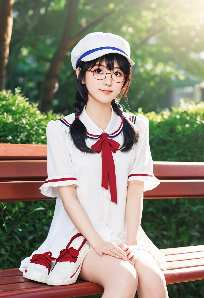 Anime girl with glasses and a hat sitting on a bench, Marin Kitagawa Fanart, Cute girl anime visuals, Misato Katsuragi, As an anime character, Anime Moe Art Style, Magic , safebooru anime images, y 2 k cutecore crowncore, Short full body portrait!, megumu okada