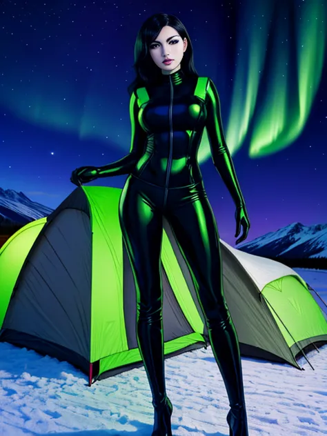 [ Shego], grey skin with green tinge, [,black hair,] sexy, green and black latex, high heel boots, toned, midriff, standing, loo...