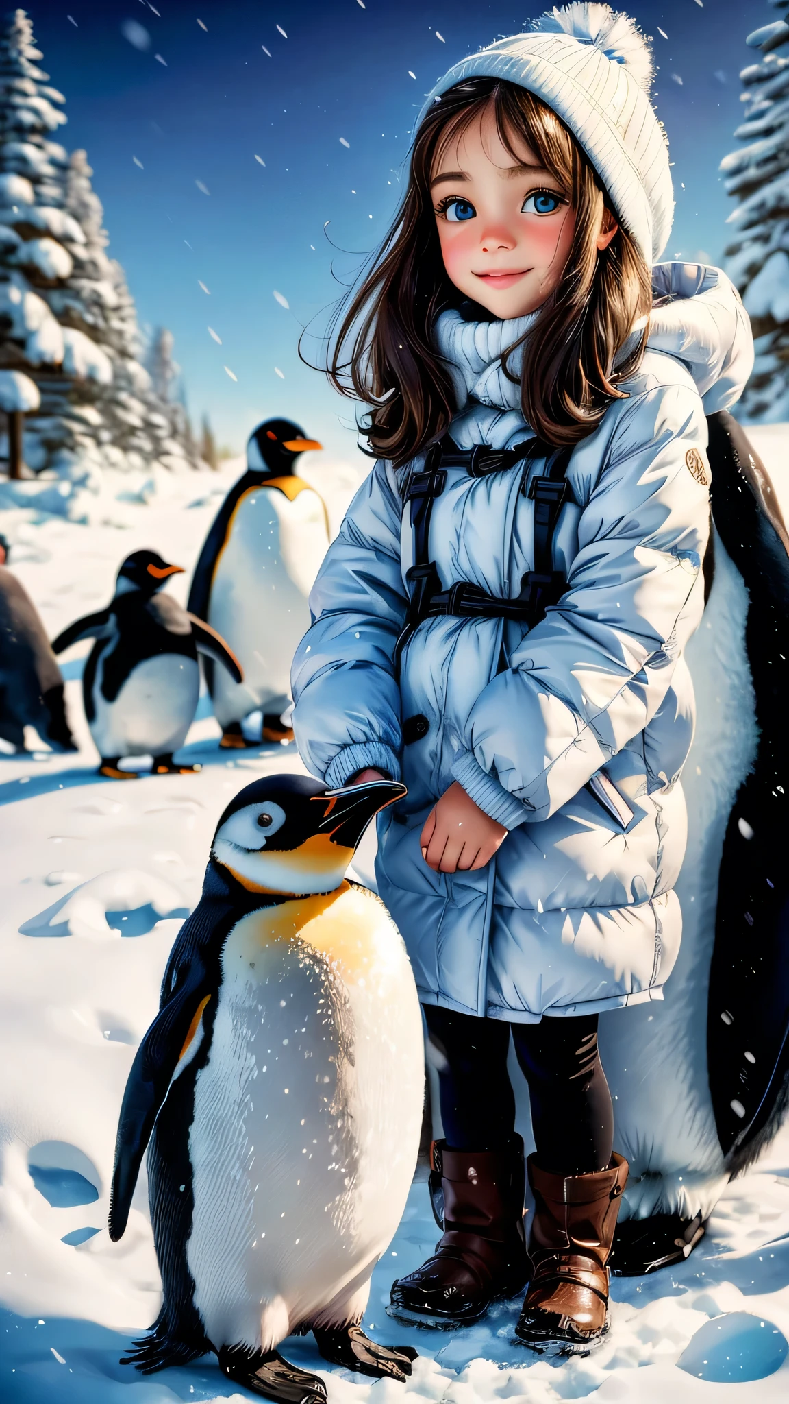 ペンギンと遊ぶ女の子,油絵,美しい細部までこだわった目,美しい唇のディテール,非常に詳細な目と顔,長いまつ毛,遊び心のある表現,かわいいペンギン2羽,柔らかな冬の光,リアルな色彩,高解像度,ペンギンとの交流,楽しい雰囲気,真っ白な雪,冷たい背景,楽しさと幸せ,ふわふわのペンギンの羽,愛らしいポーズ,友好的なつながり,キラキラした目,ペンギンの友情,楽しい瞬間,雪が降る,素敵な女の子の服装,穏やかな背景,正確な筆遣い,絵に描いたように完璧なシーン,ペイント効果,微妙な影,魔法のタッチ,氷のような青い色,女の子の目には遊び心のある輝きがある,自然の美しさを鑑賞する,一生の思い出.