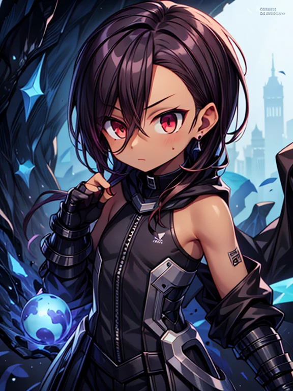 Masterpiece High res, high definition, (((dark skin tone))),dark skin male, dark skin, cute shota,red eyes, black hairpin, brown hair, medium dark brown hair,meechs_musame, wearing a black exoskeleton, detached sleeves, black armoured Gauntlets, black tech jacket, black bodysuit,black exoskeleton, black fingerless gloves, blue gems, 
