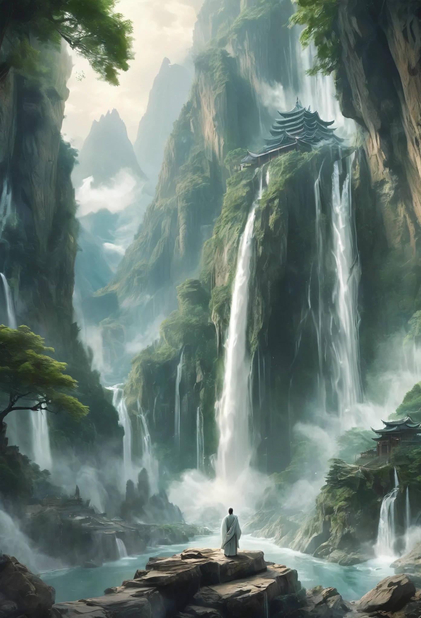 solo,(elder:1.2),(eyes_closed:1.2),kindly,mountain deity,freehand landscape painting,a male image,peak,waterfall,waterfall,gods,immortal,giant gods and mountains merge into one,white hair,white beard,white eyebrows,wrinkle,, masterpiece,best quality,highly detailed,Amazing,finely detail,extremely detailed CG unity 8k wallpaper,score:>=60,, beautiful detailed eyes,Fine hair texture,, incredibly absurdres,wallpaper,realistic,real,photo,landscape,foreshortening,xianxia