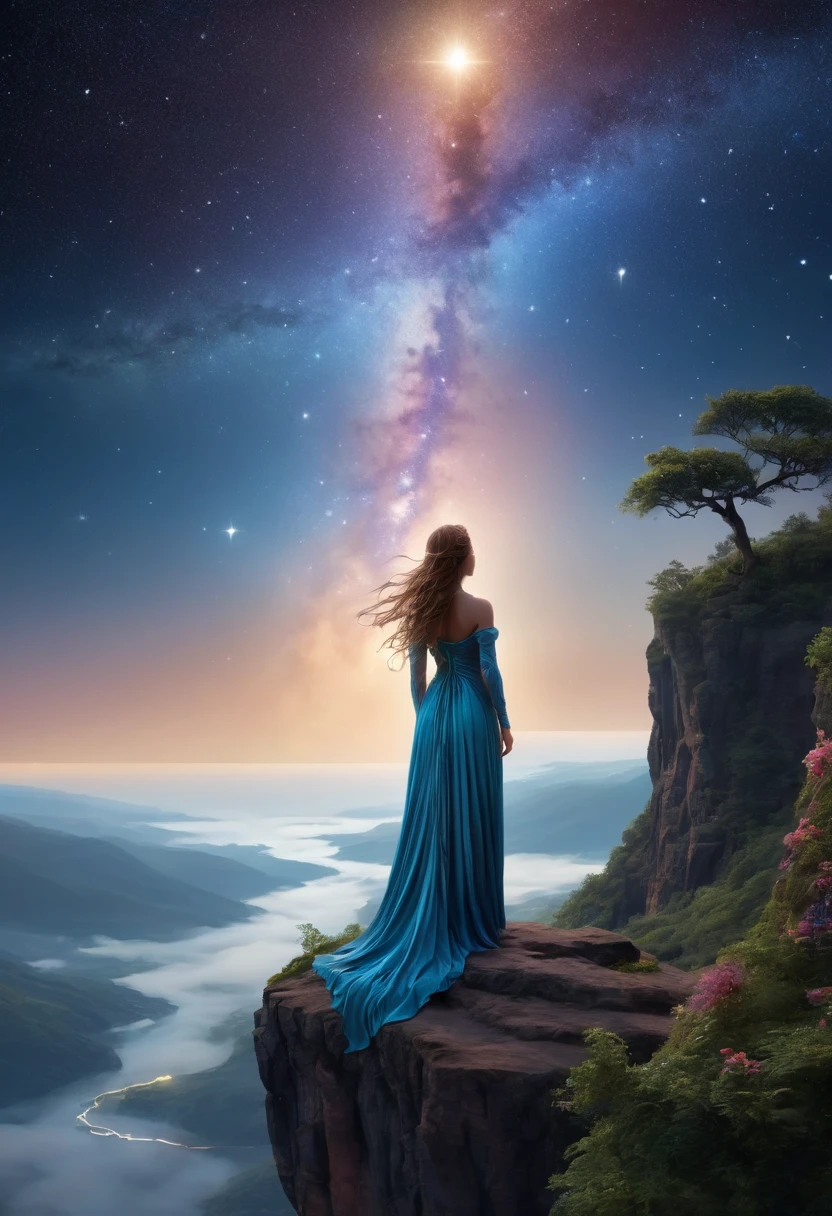 1girl,  3D Sculpture，A woman in a long dress stands on a cliff and looks up at the starry sky, Goddess of space, Milky Way Goddess, Goddess of Heaven, Astral ethereal, dream, Beautiful Celestial Mage, Beautiful fantasy painting, Beautiful fantasy art, Ethereal fantasy, Beautiful fantasy art, Digital Art Fantasy, Charming and otherworldly, Fantasy Beauty, Beautiful Art by Octane，Ultra HD，Volumetric Light，Natural soft lighting, (Ultra-delicate:1.2, lose focus:1.2, colorful, Cinema Lighting, Chiaroscuro,Ray Tracing), masterpiece, Super rich,Ultra Detailed,8k