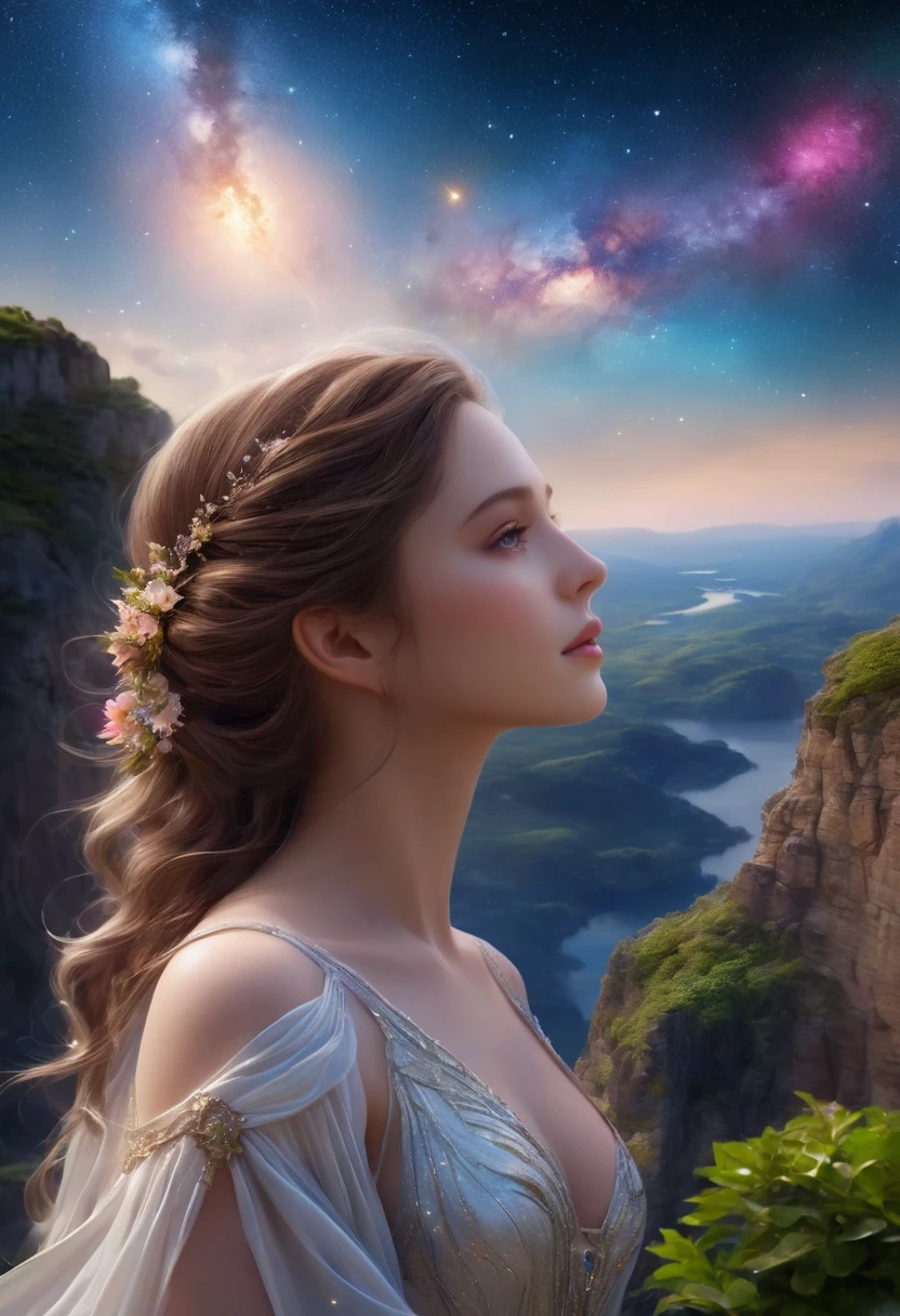 1girl,  3D Sculpture，A woman in a long dress stands on a cliff and looks up at the starry sky, Goddess of space, Milky Way Goddess, Goddess of Heaven, Astral ethereal, dream, Beautiful Celestial Mage, Beautiful fantasy painting, Beautiful fantasy art, Ethereal fantasy, Beautiful fantasy art, Digital Art Fantasy, Charming and otherworldly, Fantasy Beauty, Beautiful Art by Octane，Ultra HD，Volumetric Light，Natural soft lighting, (Ultra-delicate:1.2, lose focus:1.2, colorful, Cinema Lighting, Chiaroscuro,Ray Tracing), masterpiece, Super rich,Ultra Detailed,8k