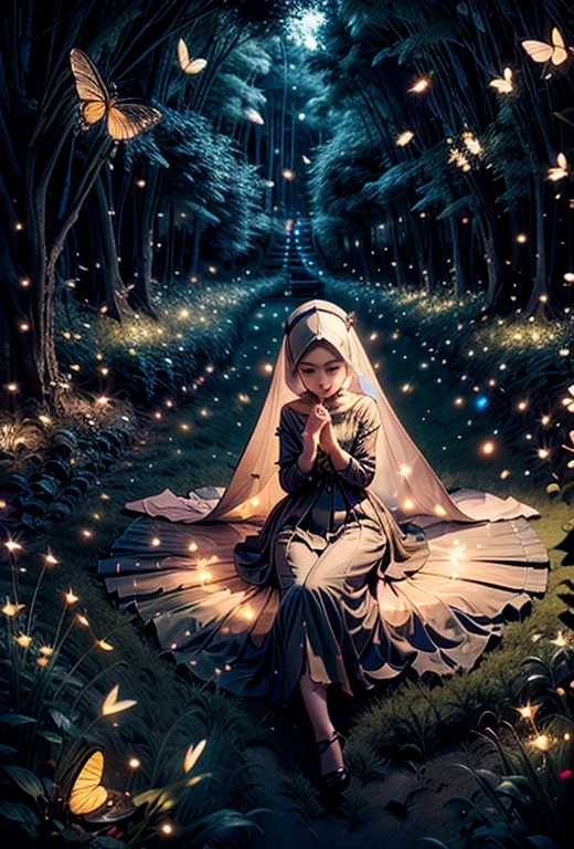 a hijab goddess in a hijab magical fantasy dress and captivating pose, sleep on a rose field, surrounded by glowing butterflies and fireflies, flat lay photography shoot, depth of field, real skin texture, best picture, 