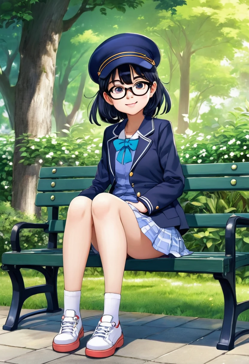 Anime girl with glasses and a hat sitting on a bench, Marin Kitagawa Fanart, Cute girl anime visuals, Arale-chan, As an anime character, Anime Moe Art Style, Magic , safebooru anime images, y 2 k cutecore crowncore, Short full body portrait!, Sitting with legs spread