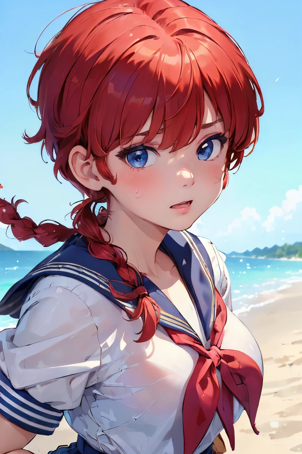 ((masterpiece:1.4)), high quality, very_high_resolution, large_filesize, full color, heavy outline, clear outline, colorful, (beautiful detailed eyes), ((beautiful face:1.0)), ((boyish face:1.4)), 1 girl, (femaleranma), (red hair), short hair, (braided ponytail), ((bangs)), bumpy bangs, blue-gray eyes, big breasts, curvy, femaleranma, braided ponytail, ((sailor uniform , serafuku, summer type:1.4)), standing, upper body, ((from front:1.4)), ((portrait:1.8)), ((face focus:1.4)),