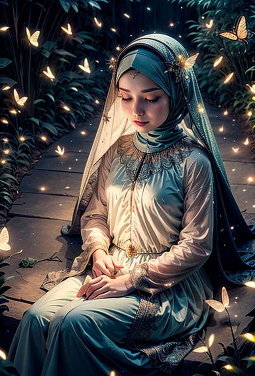 a hijab goddess in a hijab magical fantasy dress and captivating pose, sleep on a rose field, surrounded by glowing butterflies and fireflies, flat lay photography shoot, depth of field, real skin texture, best picture, detailed detail