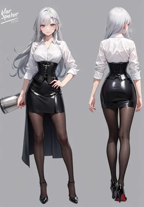 silver hair,Long hair,Adult female,Bartender,((Rolling up your sleeves shirt)),(Corset),(Tight skirt),High heels,((Simple backgr...
