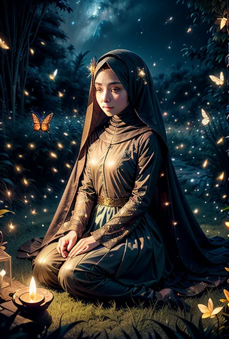 a hijab goddess in a hijab magical fantasy dress and captivating pose, sit on a rose field, surrounded by glowing butterflies an...