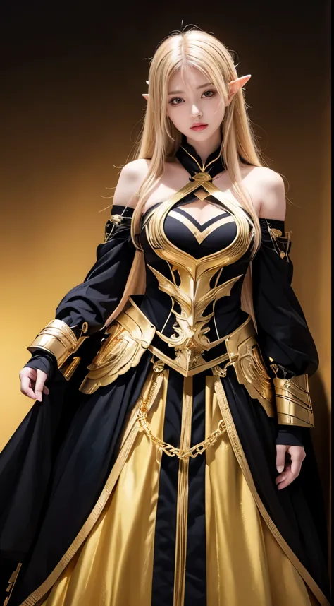 A woman wearing black and gold standing with her hands on her hips, blonde Long Hair Anime Girl, Golden black uniform, Female An...