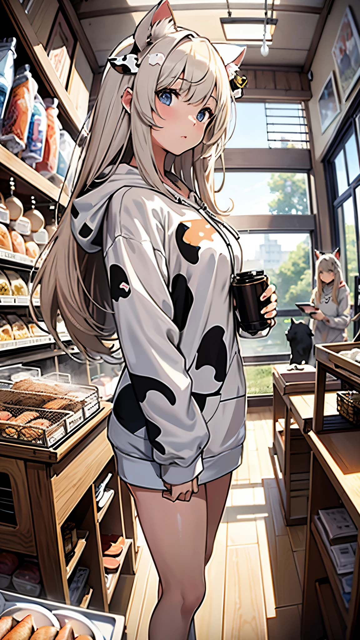 Anime girl in a bakery with a cat costume and a cup of coffee - SeaArt AI