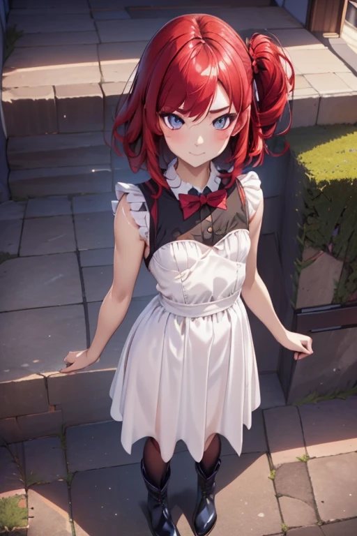 (best quality, masterpiece, uncensored, high quality, ultra detailed, extremely detailed CG, beautiful face, beautiful eyes, beautiful hair), solo, 1girl, (loli:1.3), (6 years old), (petite), short su hair, Hair Flaps, (hairs between eyes, crossed bangs:1.5), (short with long locks), salmon pink hair, beautiful big eyes, cyan eyes, drooping eyes, , cute face, flat chest, beautiful skin, happy, innocent, red hair ribbon, white frilled dress, navy blue pinafore dress, plaid cape, frilled legwear, platform boots, (extremely awesome detailed deep-silky-healthy-lackwarm-foundational-soft-skin:1.1), (extremely awesome detailed gleaming skin), (extremely awesome detailed pretty face, extremely awesome detailed eyes, extremely awesome detailed shiny hair:1.2), extremely awesome detailed dynamic lighting, extremely awesome detailed caustic, extremely awesome detailed deep shadows,(best quality, highres, absurdres, extremely awesome detailed CG unity 8K HDR wallpaper, perfect anatomy:1.1),(extremely awesome detailed realistic, extremely awesome detailed 3d:1.0)