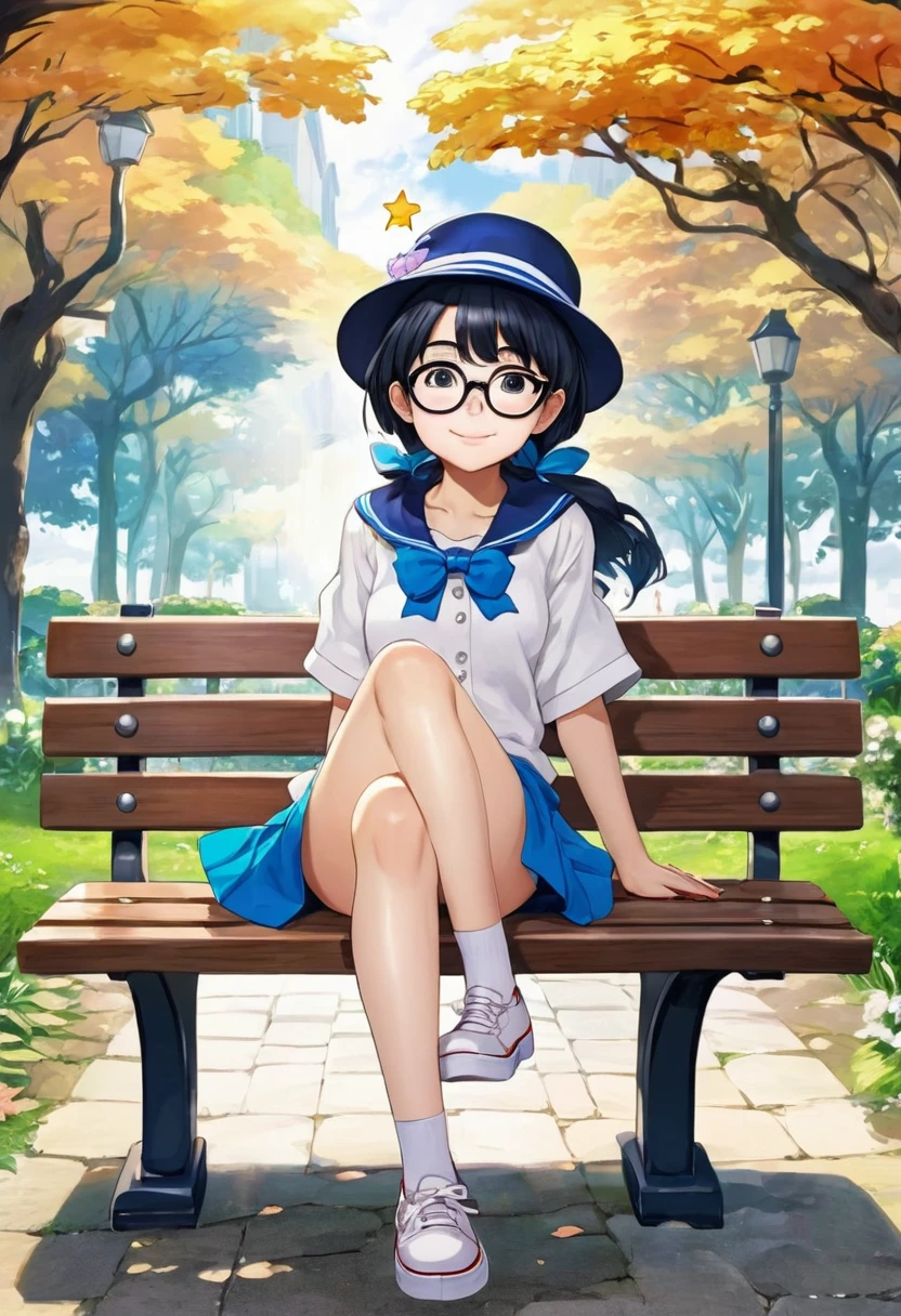 Anime-Mädchen mit Brille und Hut sitzt auf einer Bank, Marin Kitagawa Fanart, Süße Anime-Mädchen-Bilder, Arale-chan, als Anime-Charakter, Anime-Moe-Kunststil, Magie , Safebooru Anime Bilder, y 2 k Cutecore Kronenkern, kurzes Ganzkörperportrait!, mit gespreizten Beinen sitzen