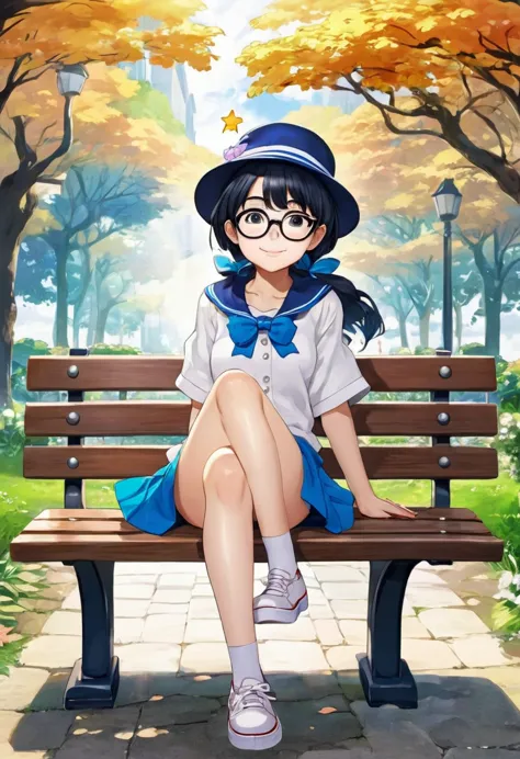 Anime girl with glasses and a hat sitting on a bench, Marin Kitagawa Fanart, Cute girl anime visuals, Arale-chan, As an anime ch...