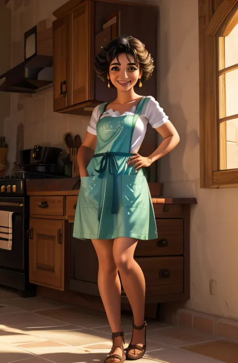 julieta,black hair,streaked hair,short hair,curly hair,brown eyes,
white shirt,apron,earrings, 
standing,full body,smile,
villag...