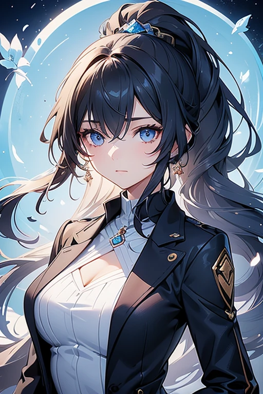 A 20-year-old girl, with wavy hair in a brown ponytail, her skin is light and her blue diamond-like eyes, she has a calm expression, she is an assistant, she wears a suit with dark-colored flowers, she is pretty but looks innocent and problematic. Digital illustration with anime character. Digital art.