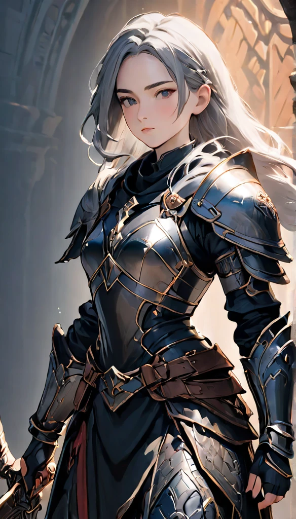 female adventurer, full body, Game Art Style, (masterpiece),  highest quality, High resolution, 4k, 8K, Detail view, intricate details, cinematic lighting, amazing quality, 1 girl, A bold female warrior in black armor,jet black armor、Amazoness,gray hair, great shading, soft lighting, Face-to-face camera, perfect eyes