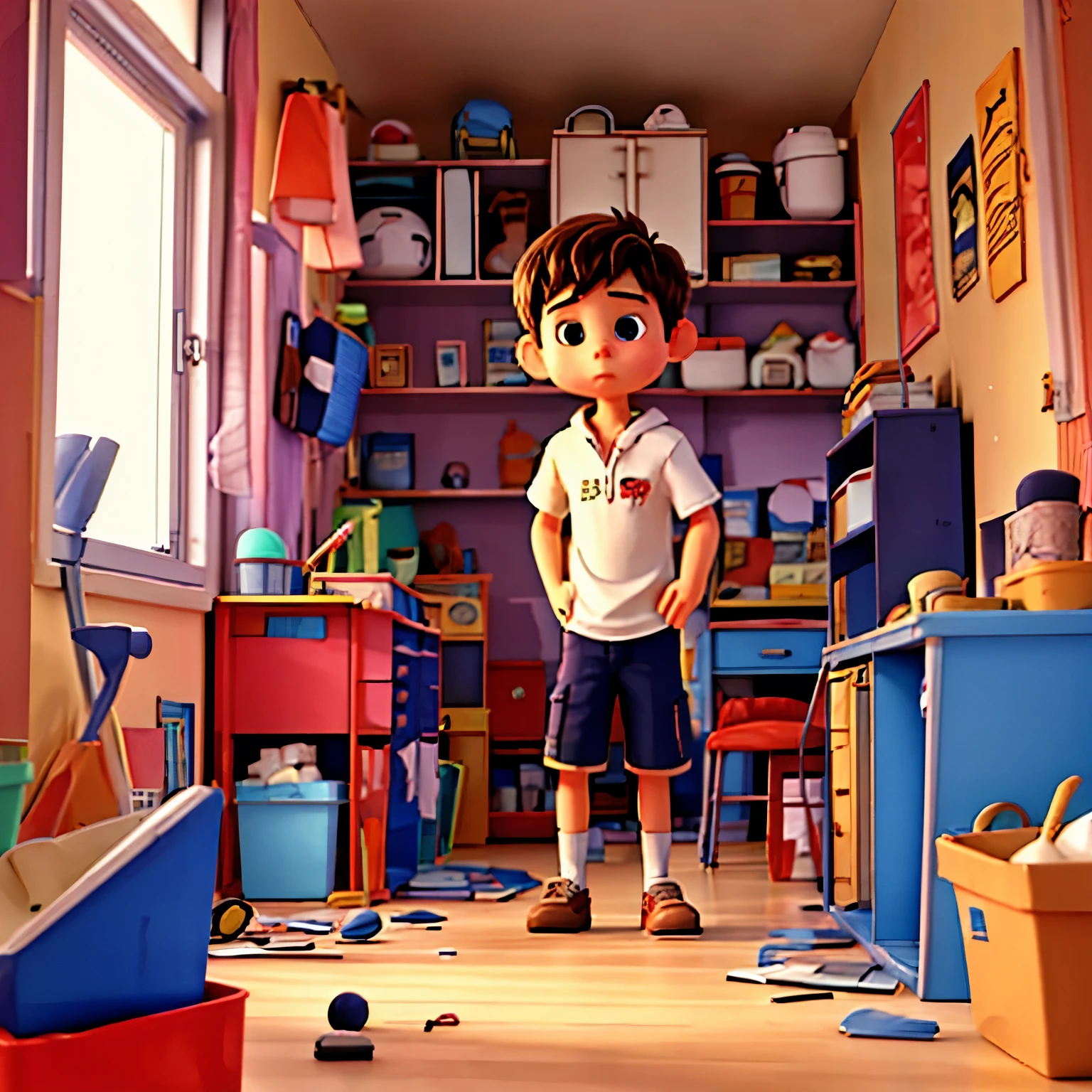 a boy in a messy room disperately looking for something