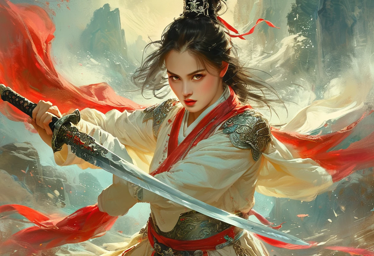 A female swordman,beautiful,medieval art, 1sword:2, Sword in both hands，Hold the hilt of a sword in your hand:2，Horizontal Sword，heroic figure,traditional costume,detailed and sharp sword, intense eyes and focused expression, dynamic pose, dramatic lighting, vibrant colors, high contrast, epic landscape background, misty atmosphere, action-packed, dynamic brushwork, oil painting style, ultra-high resolution, fine details, professional quality.xianxia,guofeng，anatomical correct:2