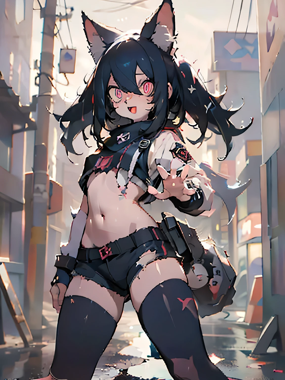 solo,1female\(cute,kawaii,age of 15,evil smile,floating hair,messy hair,(black hair:1.2),long hair,twin tails hair,pale skin,skin color blue,red eyes,eyes shining,big eyes,(ripped clothes:1.5),tight tube top,(breast:1.4),tight hot pants,(open stomach:1.4),(punk fashion:1.4),fluffy black cat-ear,(dynamic pose:1.7),(cute pose),open mouth,better hands,Perfect Hands\), BREAK ,background\(outside,noisy city,backstreet,narrow street,(dark:2.0),neon lights\),[chibi],[nsfw:2.0],quality\(8k,wallpaper of extremely detailed CG unit, ​masterpiece,hight resolution,top-quality,top-quality real texture skin,hyper realisitic,increase the resolution,RAW photos,best qualtiy,highly detailed,the wallpaper/),(close up:1.0),[nsfw:2.0],[nsfw:2.0],[nsfw:2.0],[nsfw:2.0],[nsfw:2.0]