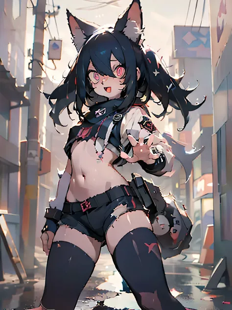 solo,1woman\(cute,kawaii,small kid,evil smile,floating hair,messy hair,(black hair:1.2),long hair,twin tails hair,pale skin,skin color blue,red eyes,eyes shining,big eyes,(ripped clothes:1.5),tight tube top,(breast:1.4),tight hot pants,(dynamic pose:1.7),(...