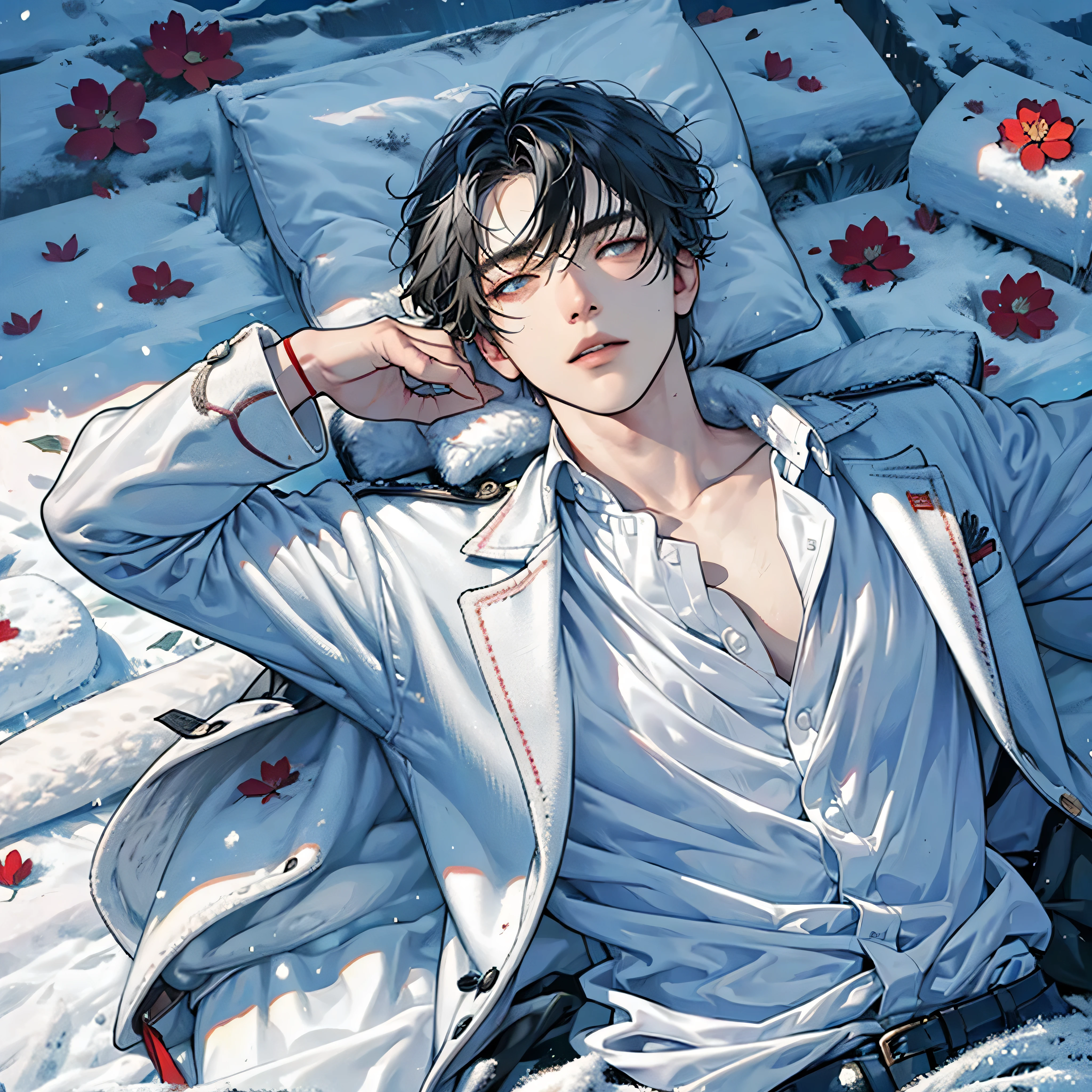 a black hair men lays on snow field with unbrüderlicher Gesichtsausdruck, (unbrüderlicher Gesichtsausdruck), trage eine Soldatenmütze, coole Soldatenuniform, schnee himmel, schneebedeckter Himmel, Blut auf Schneefeld, filmische Beleuchtung, filmischer hoher Himmel, großartige Männer, gutaussehende Männer, Detail Augen, auf einem Schneefeld liegend, schaut in den Himmel, Meisterwerk, beste Qualität, ausführlich scenery, winter, ausführlich(Licht und Schatten), Moderner Soldat, (komplett auf Schneefeld liegend), (er liegt auf dem Schnee), (Schau in den Himmel), (Drohnenansicht), (Luftaufnahme), (1men), 1men, (Solo Herren), auf Schnee ruhen, Frost, ehemalig, Schneeflocke, Schnee Rauch, Frosty, Es schneit 