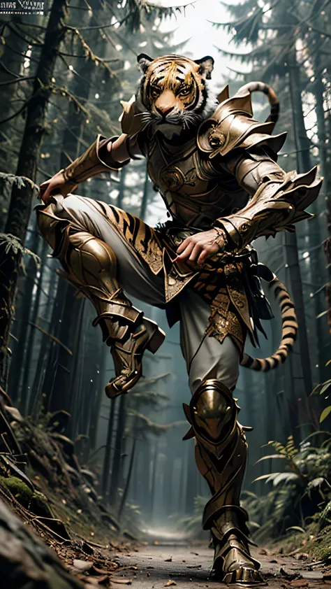 (Have a weapon:1.3), (Tiger Head Warrior:1.3), , High Kick, , Luxurious Armor, Dynamic pose, Cinematic lighting effects, Dense f...
