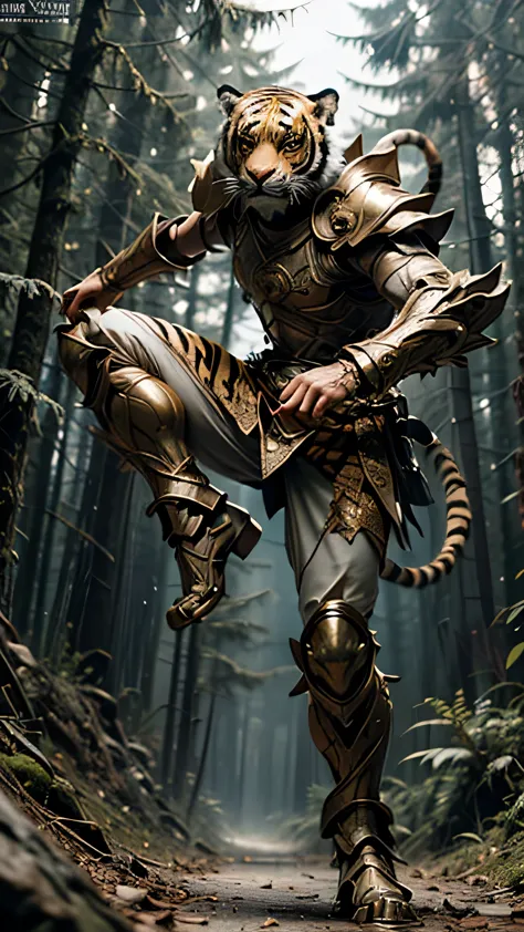 (have a weapon:1.3), (tiger head warrior:1.3), , high kick, , luxurious armor, dynamic pose, cinematic lighting effects, dense f...