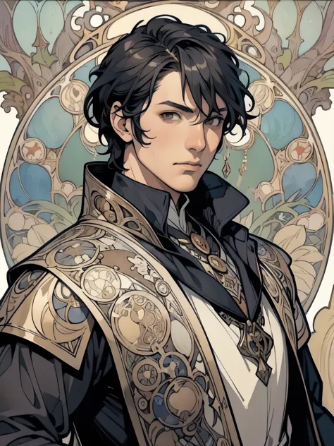 ((Detailed face)),((Mucha's style)),(portrait),((1 male)),BLACK hair,((Arcane Knight)), (cowboy shot:1.2)
