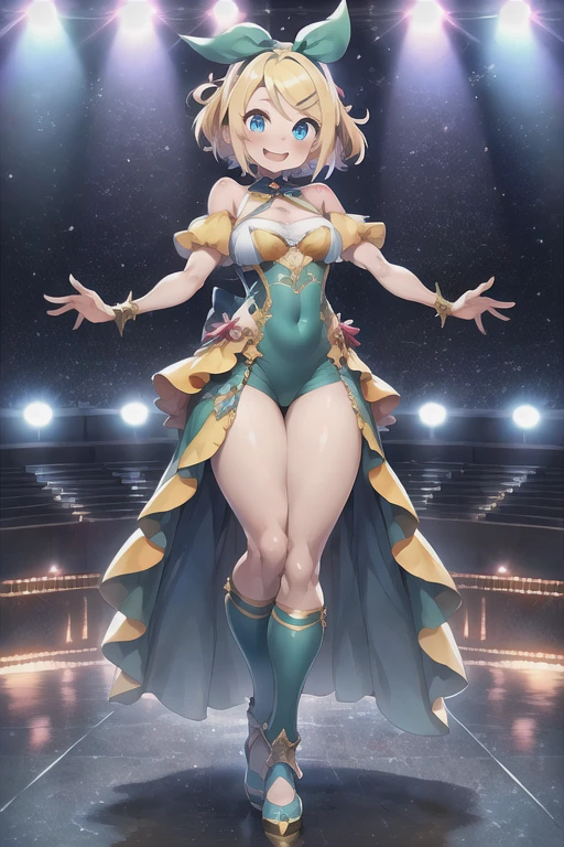 (((masterpiece))), ((highest quality)), ((Very detailed)), ((High resolution)), ((8k)), ((Anatomically correct)), The correct number of fingers, One Woman, Kagamine Rin, Vocaloid, Blonde Hair, short hair, Short, Very cute woman, delicate, Charming smile, Blue eyes, Bright Eyes, Best moment, Vivid eyes, Beautiful Skin, Cute face, delicateな腕, Detailed skin texture, Intricate details, Very detailedな顔, Beautiful Eyes, Beautiful curves, View your viewers, Cheerful expression, Music Stage, Beautiful thighs, Stage Costumes, upright, Model standing, Beautiful standing posture, 