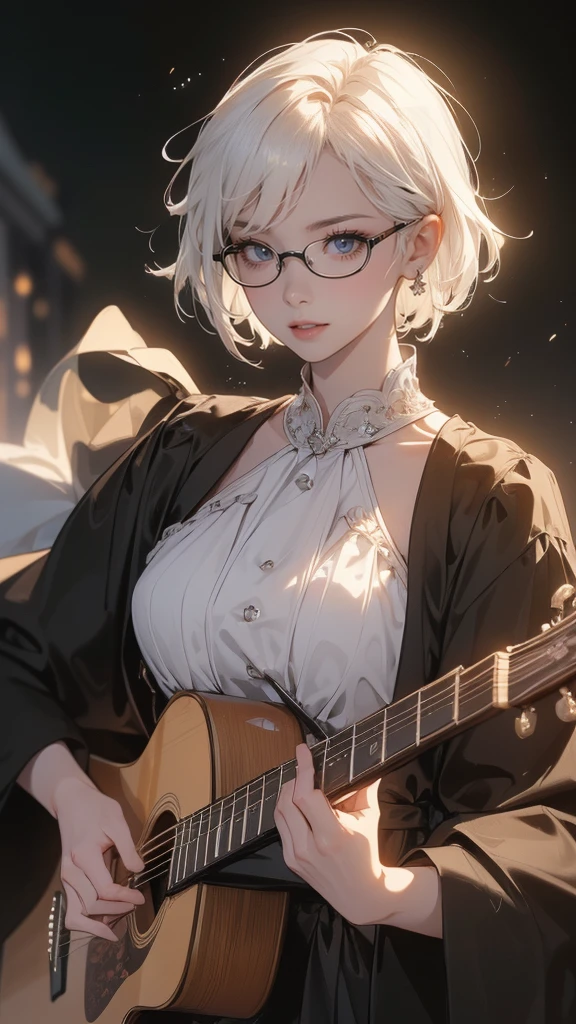(Thin:1.8),(short hair),(Highest image quality,(8k),Surreal,best quality, high quality, HD, high quality texture,High Detail,Beautiful and detailed,fine,Extremely detailed CG,Detailed texture,Realistic reproduction of the face,masterpiece,Presence,Gorgeous background,male,Half frame glasses,Gloomy eyes,Light white hair,Holding an acoustic guitar)